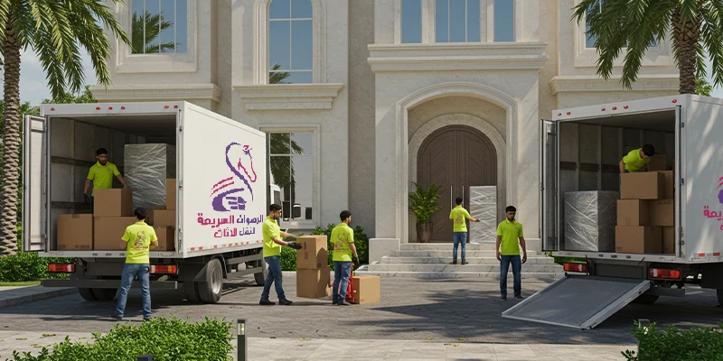 عمال شركة نقل عفش بجدة يقومون بتحميل صناديق وأثاث في شاحنات أمام مدخل فيلا كبيرة استعدادًا لعملية النقل.