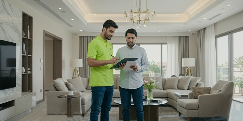 فني من شركة نقل عفش في جدة يقوم بمعاينة الأثاث وتوثيق التفاصيل مع العميل داخل منزله قبل بدء عملية النقل.