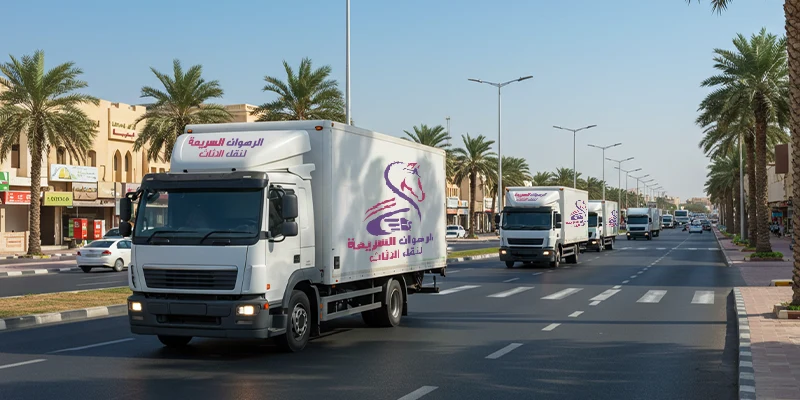 شاحنات شركة نقل عفش بجدة تسير في طريق عام ضمن عملية نقل أثاث احترافية إلى وجهة جديدة داخل المملكة.
