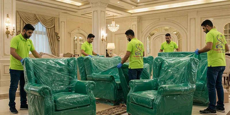 فريق من شركة نقل عفش بجدة يقوم بتغليف كنب فخم داخل قصر باستخدام مواد حماية خضراء لضمان سلامة الأثاث أثناء النقل.