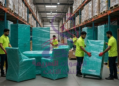 "تغليف طاولة وكراسي داخل مستودع شركة الرهوان السريعة ضمن خطوات دقيقة من خدمة نقل عفش بجدة تشمل التخزين والحماية "